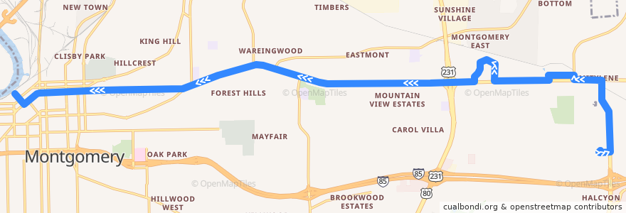 Mapa del recorrido Route 2 Eastdale Mall - Inbound de la línea  en Montgomery.
