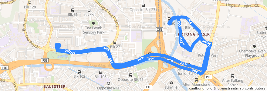 Mapa del recorrido Svc 142 (Toa Payoh Interchange => Toa Payoh Interchange) de la línea  en Singapore.