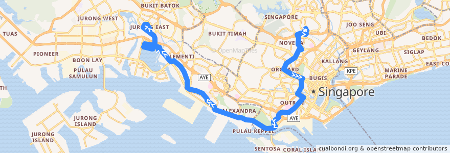Mapa del recorrido Svc 143 (Toa Payoh Interchange => Jurong East Temporary Interchange) de la línea  en سنگاپور.