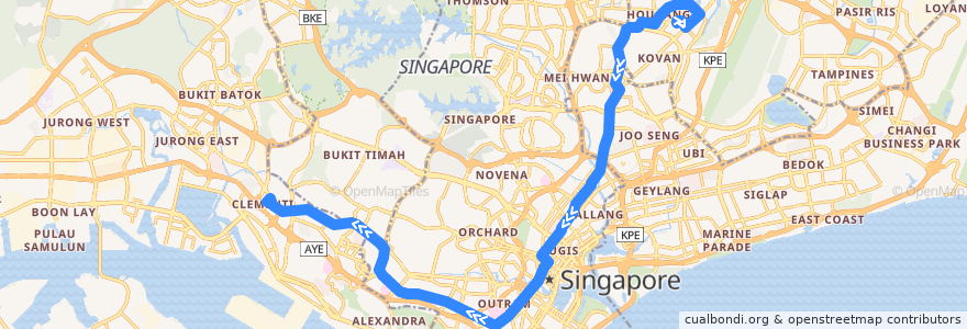 Mapa del recorrido Svc 147 (Hougang Central Interchange => Clementi Interchange) de la línea  en 싱가포르.