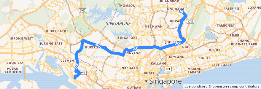 Mapa del recorrido Svc 151 (Hougang Central Interchange => Kent Ridge Terminal) de la línea  en Singapura.