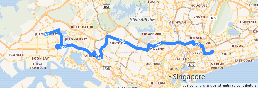 Mapa del recorrido Svc 154 (Boon Lay Interchange => Eunos Interchange) de la línea  en Singapore.