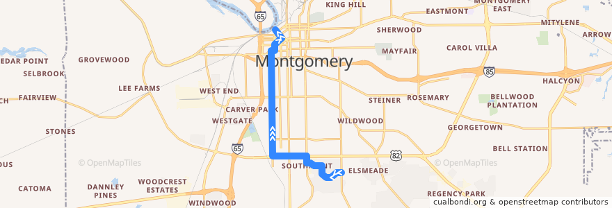 Mapa del recorrido Route 11 Rosa Parks / South Blvd. - Inbound de la línea  en Montgomery.