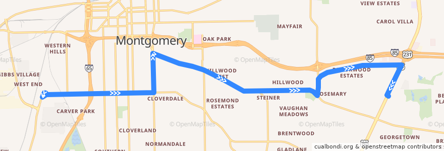 Mapa del recorrido Route 16 East-West Connector - Outbound de la línea  en Montgomery.