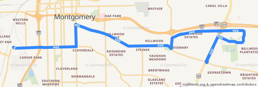 Mapa del recorrido Route 16 East-West Connector - Inbound de la línea  en Montgomery.