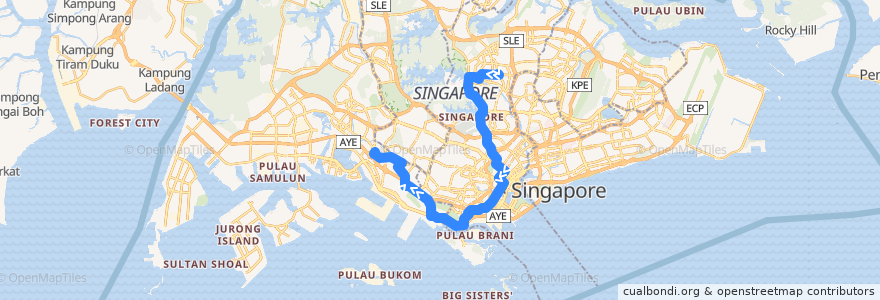 Mapa del recorrido Svc 166 (Ang Mo Kio Interchange => Clementi Interchange) de la línea  en Singapura.