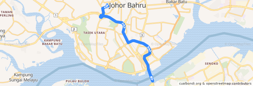 Mapa del recorrido Svc 170 (Queen Street Terminal => Johor Bahru Larkin Sentral ) de la línea  en Johor Bahru.