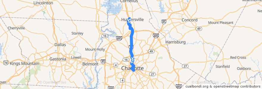 Mapa del recorrido CATS MetroRAPID 63X Huntersville Express (inbound, weekday afternoon) de la línea  en Mecklenburg County.
