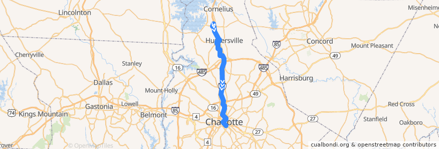 Mapa del recorrido CATS MetroRAPID 63X Huntersville Express (inbound, weekday midday and evening) de la línea  en Mecklenburg County.