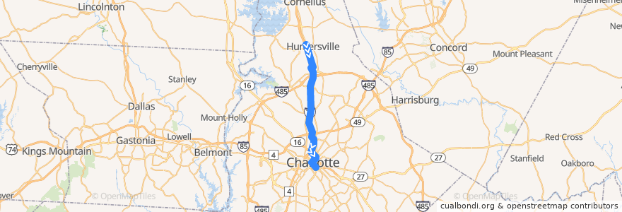 Mapa del recorrido CATS MetroRAPID 63X Huntersville Express (inbound, weekday morning) de la línea  en Mecklenburg County.