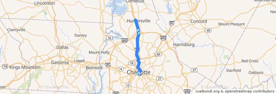 Mapa del recorrido CATS MetroRAPID 63X Huntersville Express (outbound, weekday afternoon) de la línea  en Mecklenburg County.