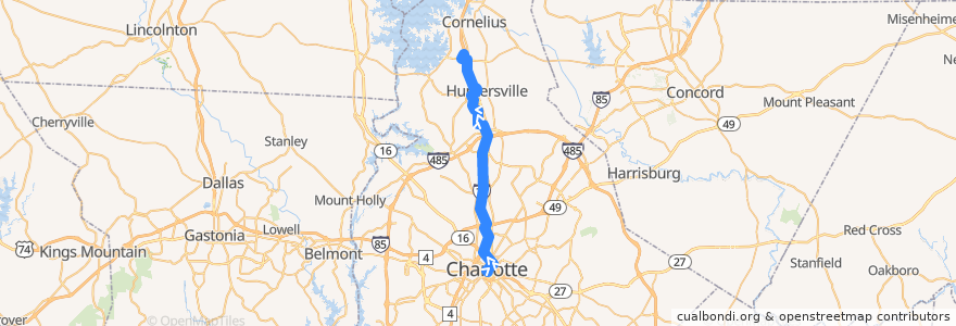 Mapa del recorrido CATS MetroRAPID 63X Huntersville Express (outbound, weekday midday and evening) de la línea  en Mecklenburg County.