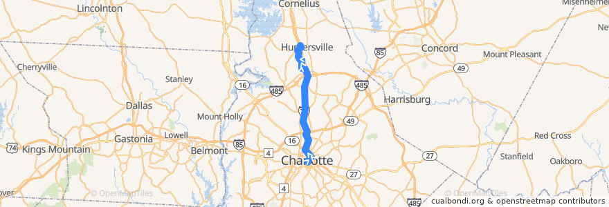 Mapa del recorrido CATS MetroRAPID 63X Huntersville Express (outbound, weekday morning) de la línea  en Mecklenburg County.