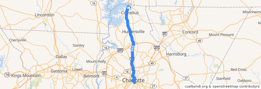 Mapa del recorrido CATS MetroRAPID 77X North Mecklenburg Express (inbound, weekday evening) de la línea  en Mecklenburg County.