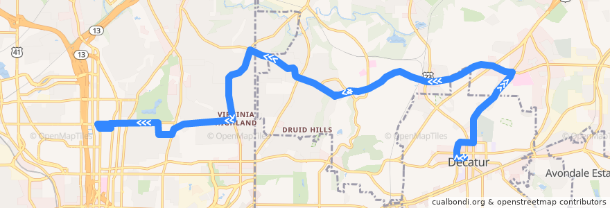 Mapa del recorrido MARTA 36 North Decatur Road/Virginia Highland de la línea  en جورجیا.