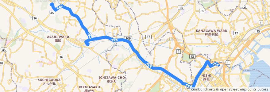 Mapa del recorrido 旭10: 横浜駅西口 → 鶴ヶ峰駅 → よこはま動物園 de la línea  en Йокогама.