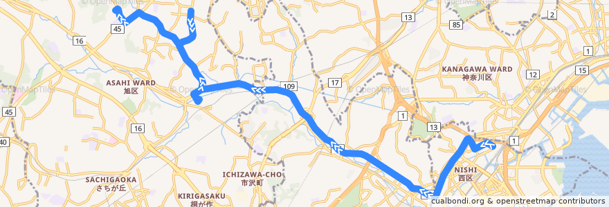 Mapa del recorrido 旭10: 横浜駅西口 →  旭台 → よこはま動物園 de la línea  en Yokohama.