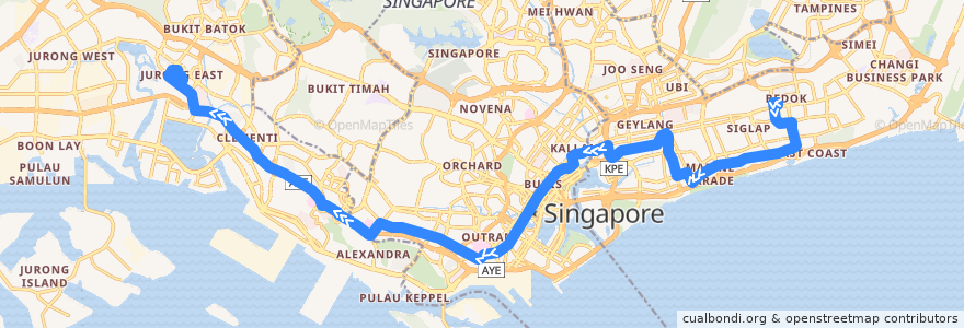 Mapa del recorrido Svc 197 (Bedok Interchange => Jurong East Temporary Interchange) de la línea  en Singapur.