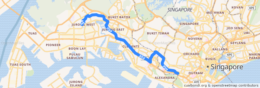 Mapa del recorrido Svc 198 (Boon Lay Interchange => Bukit Merah Interchange) de la línea  en Southwest.