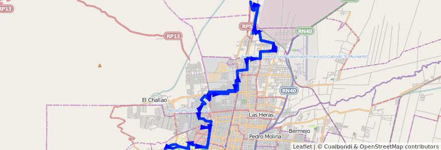 Mapa del recorrido 116 - B° Matheu - B° Yapeyú - U.N.C. de la línea G03 en Mendoza.