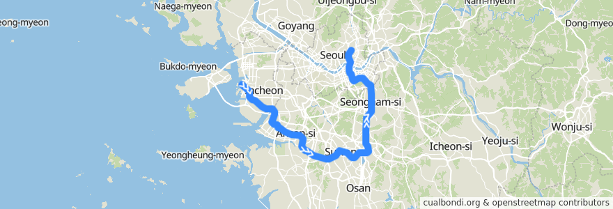 Mapa del recorrido 수도권 전철 수인분당선: 인천 → 청량리 de la línea  en 대한민국.