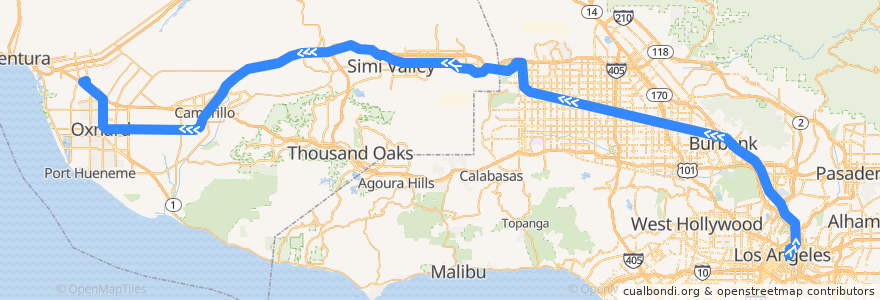 Mapa del recorrido Metrolink Ventura County Line: Los Angeles <=> East Ventura de la línea  en 加利福尼亚州/加利福尼亞州.