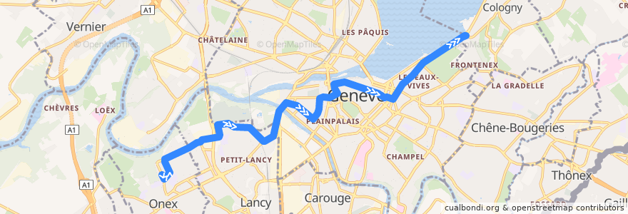 Mapa del recorrido Trolleybus 2: Onex-Cité → Genève-Plage de la línea  en ژنو.