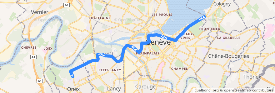 Mapa del recorrido Trolleybus 2: Genève-Plage → Onex-Cité de la línea  en Genève.