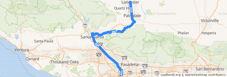 Mapa del recorrido Metrolink Antelope Valley Line: Los Angeles <=> Lancaster de la línea  en مقاطعة لوس أنجلس.