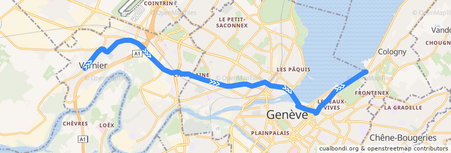 Mapa del recorrido Trolleybus 6: Vernier-Village → Genève-Plage de la línea  en جنيف.