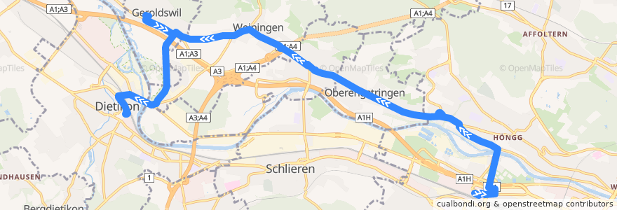 Mapa del recorrido Bus 304: Zürich, Bahnhof Altstetten Nord → Dietikon, Bahnhof de la línea  en 蘇黎世州.