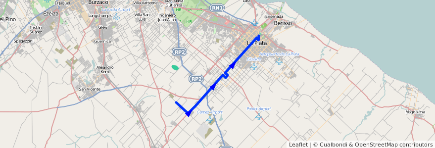 Mapa del recorrido 12 de la línea Oeste en Partido de La Plata.