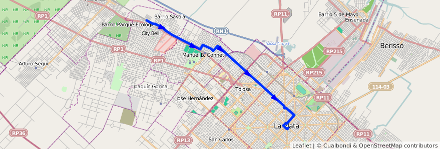 Mapa del recorrido 12 de la línea Norte en Partido de La Plata.