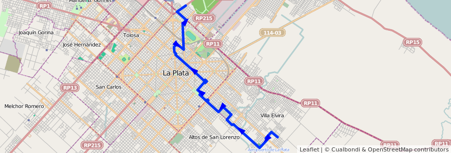 Mapa del recorrido 12 de la línea Este en Partido de La Plata.