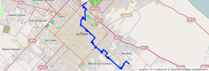 Mapa del recorrido 12 de la línea Este en Partido de La Plata.