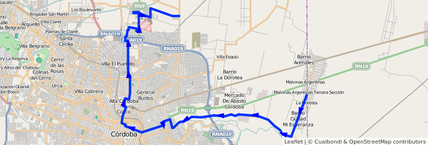 Mapa del recorrido 12 de la línea R (Rojo) en Córdoba.