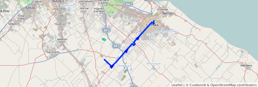 Mapa del recorrido 12 de la línea Oeste en Partido de La Plata.