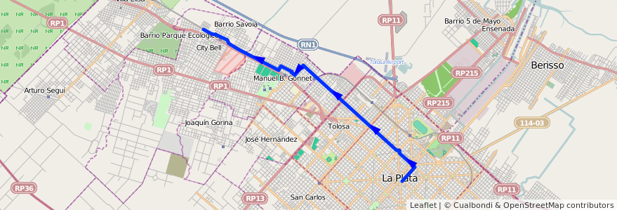 Mapa del recorrido 12 de la línea Norte en Partido de La Plata.