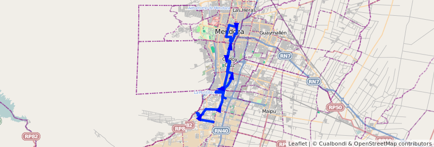 Mapa del recorrido 12 - Flor de Cuyo - Cervantes - Bº los Castaños de la línea G01 en Mendoza.