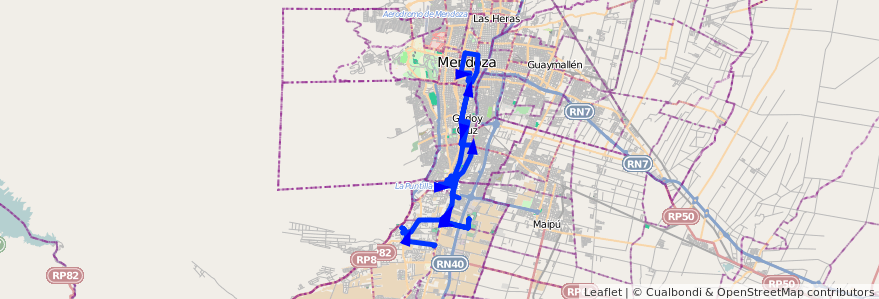 Mapa del recorrido 12 - Flor de Cuyo - Cervantes - Cementerio Parque - Bº los Castaños de la línea G01 en Мендоса.