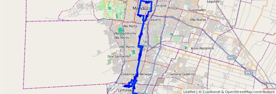 Mapa del recorrido 12 - Flor de Cuyo de la línea G01 en メンドーサ州.