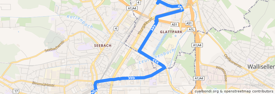 Mapa del recorrido Bus 781: Zürich, Bahnhof Oerlikon —> Glattbrugg, Giebeleichstrasse de la línea  en Zürich.