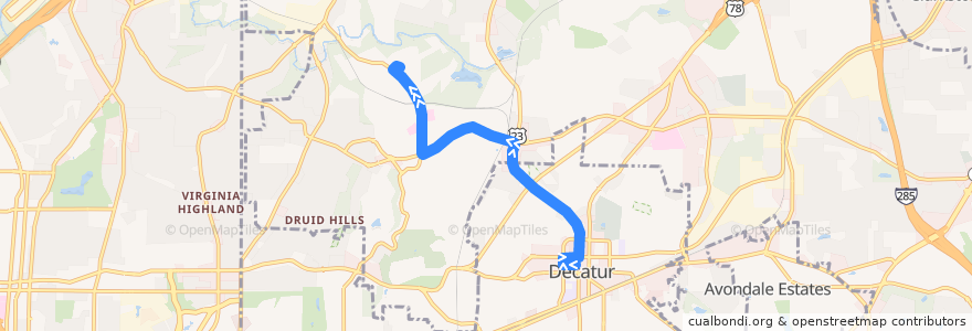 Mapa del recorrido Clifton Corridor / Decatur MARTA Station Inbound de la línea  en DeKalb County.