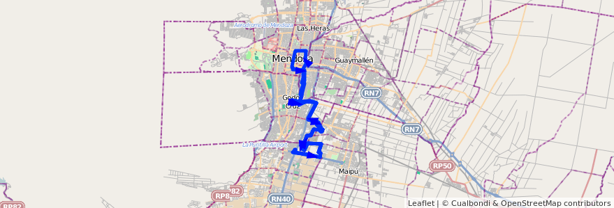 Mapa del recorrido 121 - Bº La Gloria - Rodriguez Peña de la línea G07 en Mendoza.