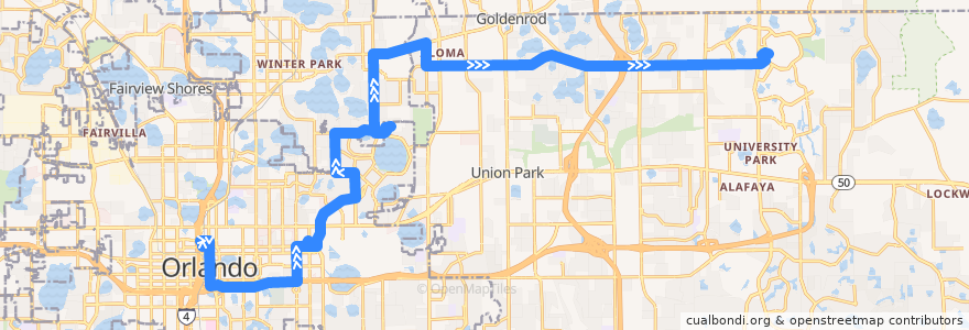 Mapa del recorrido 13 University Boulevard/University of Central Florida (outbound) de la línea  en مقاطعة أورانج.