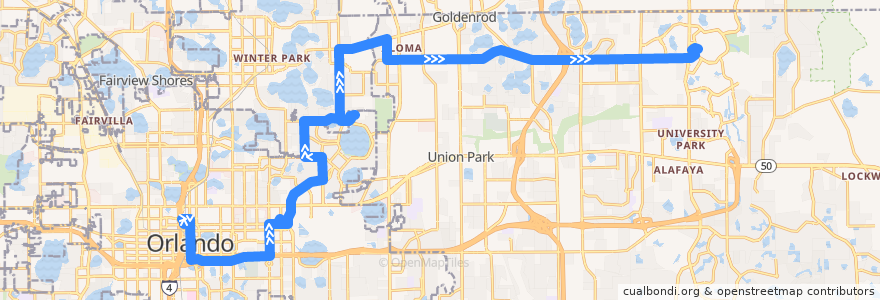 Mapa del recorrido 13 University Boulevard/University of Central Florida (outbound) de la línea  en 橙县/橙縣/橘郡.