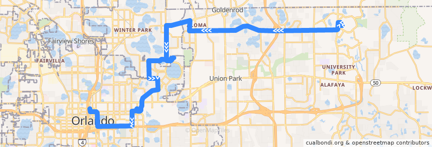 Mapa del recorrido 13 University Boulevard/University of Central Florida (inbound) de la línea  en شهرستان اورنج، فلوریدا.