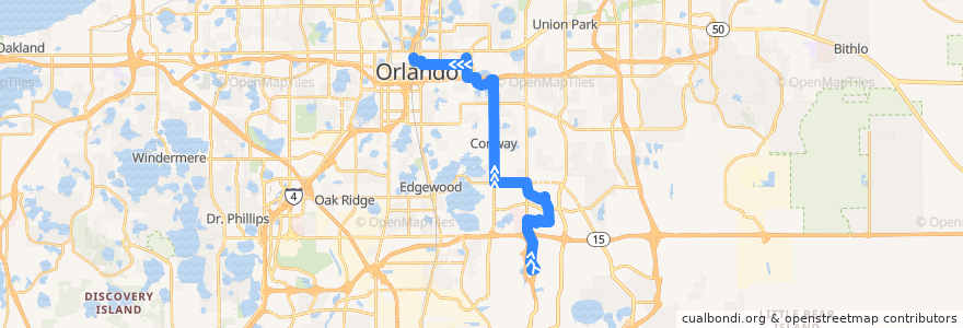 Mapa del recorrido 51 Conway Road/Orlando International Airport (inbound) de la línea  en オレンジ郡 (フロリダ州).