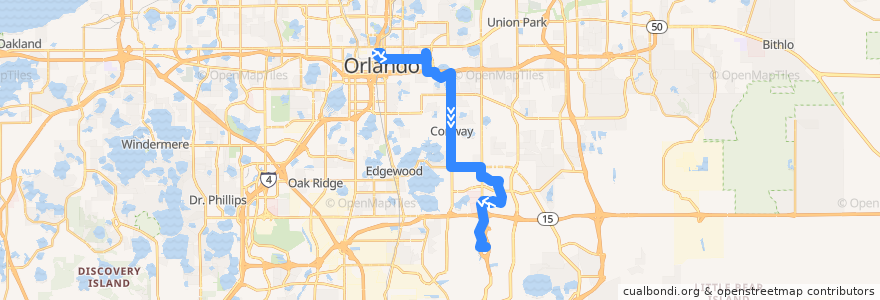 Mapa del recorrido 51 Conway Road/Orlando International Airport (outbound) de la línea  en شهرستان اورنج، فلوریدا.