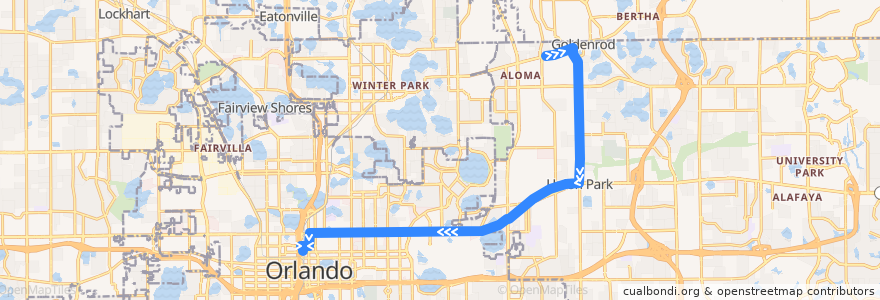 Mapa del recorrido 29 East Colonial Drive/Goldenrod Road (inbound) de la línea  en Orange County.